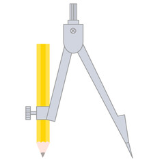 Math drawing compass and yellow pencil.Divider or geometry compass  isolated.Sign, symbol, icon and logo.Geometric tool or stationery for circle drawing.Mathematics or education.Vector illustration.