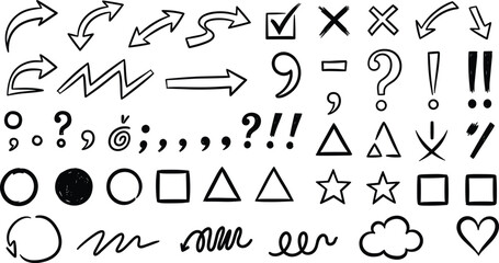 Hand-drawn symbol icon vector illustration, punctuation marks, arrows, shapes, sketch-style design, playful expressive elements for educational and creative use