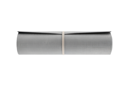 Rolled gray yoga mat isolated on transparent background, cut out, PNG