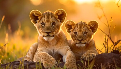 Two lion cubs basking in the golden African sunlight.