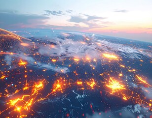 Vibrant view of Earth at night showcasing illuminated city lights from orbit during twilight.