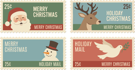 Collection of vintage Christmas postage stamp vectors, holiday mail decoration elements