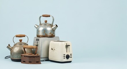 Collection of vintage kitchen appliances including old kettles, an iron, and a toaster on a light blue background.