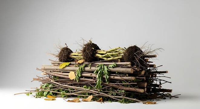 A rustic pile of natural wood branches, twigs, and logs with root balls and green foliage on a plain studio background.
