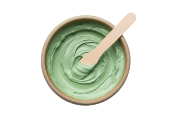 Natural green face mask in bowl isolated on transparent background, cut out, PNG