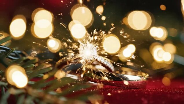 Two Diamond Engagement Wedding Rings on Red Velvet with Blurry Christmas Lights and Pine Needles Macro Shot