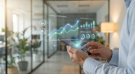 Person using smartphone to view holographic financial data and charts