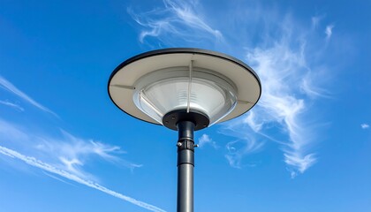 Streetlight against a vibrant blue sky with wispy clouds.