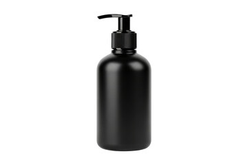 Black pump dispenser bottle isolated on transparent background, cut out, PNG