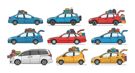 Cars with luggage on roof for summer road trip