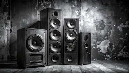 A dramatic low-key composition of several large audio speaker cabinets against a distressed wall.