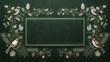 Decorative frame with birds and foliage on a dark green textured background with a gold border around it