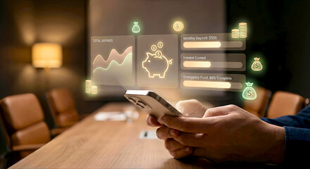 Person using smartphone with holographic financial data visualization