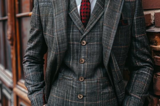 Close up of a businessman wearing a stylish checkered suit with a red tie, showcasing sophisticated men's fashion - Powered by Adobe