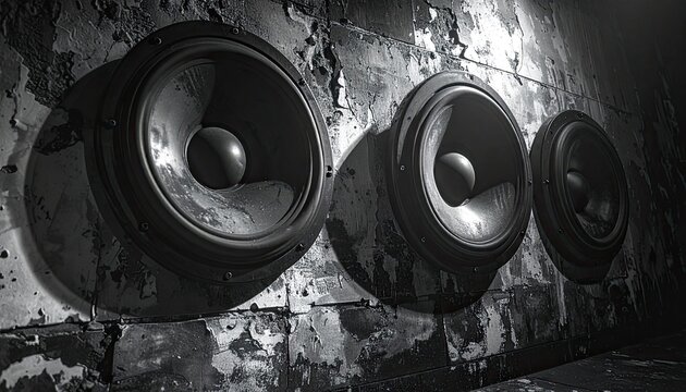 Three large, dramatic audio speakers mounted on a distressed, textured wall in stark black and white.