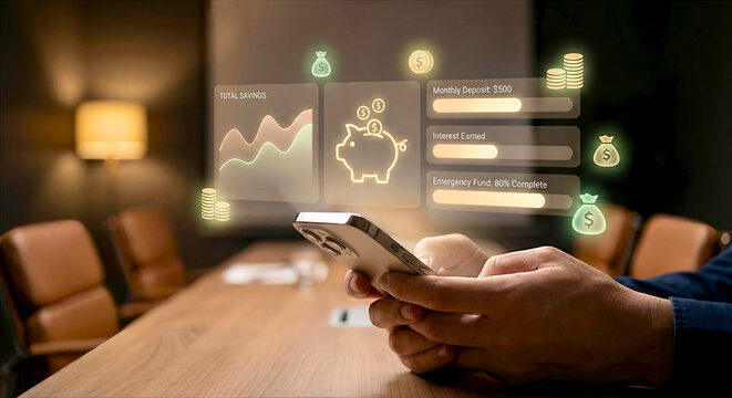 Person using smartphone with holographic financial data visualization