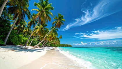 Vibrant tropical beach scene with leaning palm trees, white sand, and turquoise ocean under a bright blue sky.