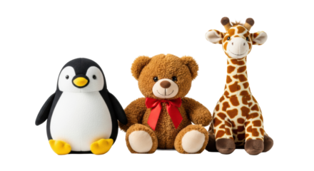 plush penguin, teddy bear, and giraffe toys sitting side-by-side in sharp focus on a bright, transparent background with abundant copy space. concept of childhood friendship and companionship