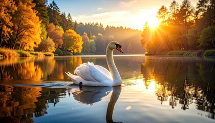 A graceful white swan floats on calm water during a vibrant autumn sunset.