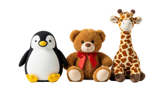 plush penguin, teddy bear, and giraffe toys sitting side-by-side in sharp focus on a bright, transparent background with abundant copy space. concept of childhood friendship and companionship