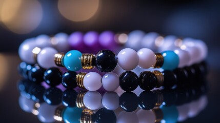 Elegant layered gemstone bracelets with vibrant colors and reflective surface showcasing fashion accessory beauty