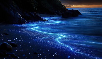 Stunning view of blue light trails shimmering on the shore creating a mesmerizing beach scene at dusk