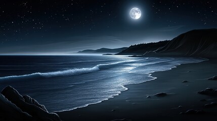 Serene night scene of a moonlit beach with gentle waves and rugged coastline
