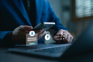 Obraz na płótnie Canvas Secure login authentication on mobile device and laptop with digital padlock icon, representing online privacy, user access control, data protection, and cybersecurity technology.