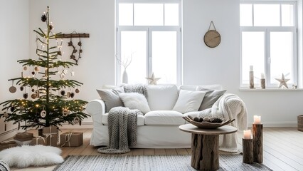 Christmas decorated living room with a sofa and a tree in a bright and cozy interior space