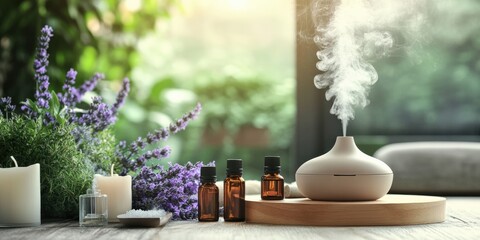 Aromatic essential oils by the diffuser with lavender flowers promoting tranquility in a serene setting