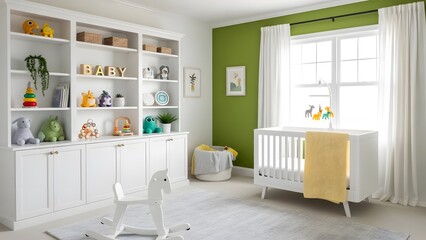 Bright nursery with white furniture and green accent wall creating a cheerful and inviting space