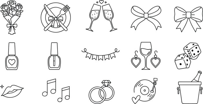 Romantic and celebratory icon set, black-and-white vector illustrations, wedding and leisure symbols, event planning design, love-themed graphics