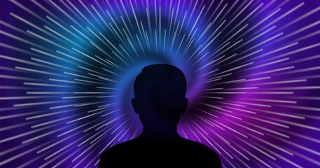 Vector abstract futuristic astral dark violet poster. Silhouette, human shadow. Diverging rays, spiral. Cosmic space. Deep human intelligence. Reason, development and thoughts