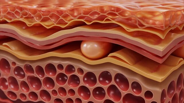Detailed 3D animation showing multiple layers of human skin including epidermis, dermis and subcutaneous tissue. Ideal for dermatology, skincare, anatomy education and medical visualization.
