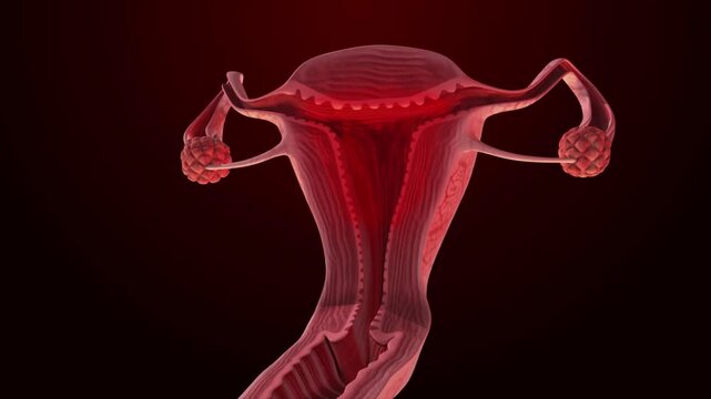 Medical illustration of the female reproductive system showing the uterus, ovaries and fallopian tubes. Useful for gynecology, anatomy and healthcare education.