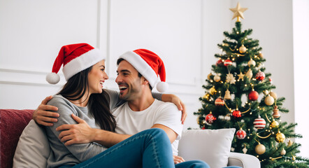 Happy young couple in Santa hats laughing on a couch at home. Man and woman celebrating the Christmas holiday together. Festive scene with a decorated tree and copy space
