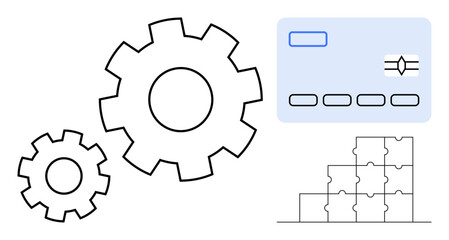 Workflow concept. Workflow portrayed with gear icons, credit card, and puzzle piece designs. Workflow emphasizing process optimization and system integration. For business, technology, finance