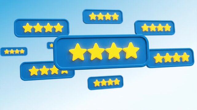 Four yellow star rating icons and number one blue yellow icon float light blue gradient background symbolizing high quality evaluation positive feedback varied customer review rating symbol star icon