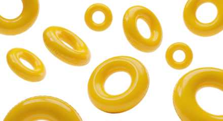multiple vibrant sunny yellow glossy inflatable vinyl swim rings floating dynamically on a transparent background with copy space, advertising summer fun concept