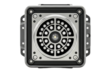 Front view of industrial camera sensor with an LED ring light on a transparent background