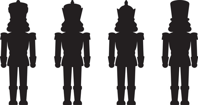 Nutcracker toy soldier silhouettes, traditional Christmas wooden toy vector black shapes