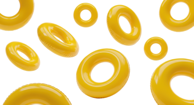 multiple vibrant sunny yellow glossy inflatable vinyl swim rings floating dynamically on a transparent background with copy space, advertising summer fun concept - Powered by Adobe