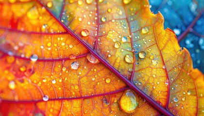 Macro photograph of vibrant autumn leaf covered in glistening water droplets against a blue background.