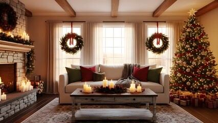Festive living room with christmas tree fireplace wreaths and sofa creating a cozy holiday atmosphere