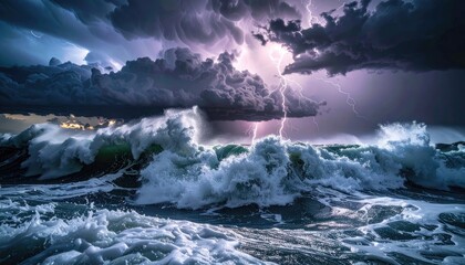Dramatic ocean storm featuring massive crashing waves illuminated by intense lightning strikes under dark, turbulent clouds.