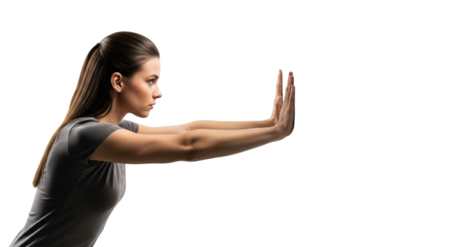 Young caucasian woman in charcoal tee, side profile, forcefully pushing forward with tensed arm against an unseen barrier on a transparent background with copy space. Concept of strength and