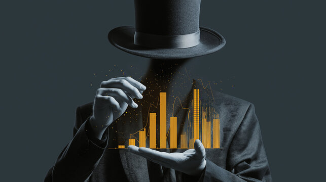 A faceless businessman wearing a magician's hat pulling glowing dollar bills and bar graphs out like tricks concept of business illusion