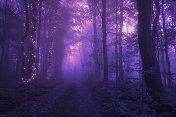 Naklejka premium Pathway winding through a purple toned forest adorned with glowing lights, creating an enchanting atmosphere at sunset