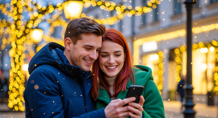 Happy couple looking at smartphone during Christmas holidays. Young man and woman using mobile phone in winter street with festive lights