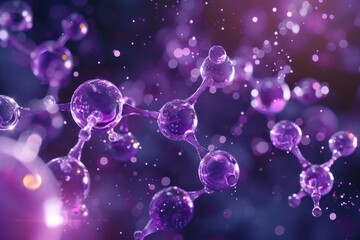 Purple molecules floating and connecting, creating complex structures in a microscopic biomedical world with bokeh effect